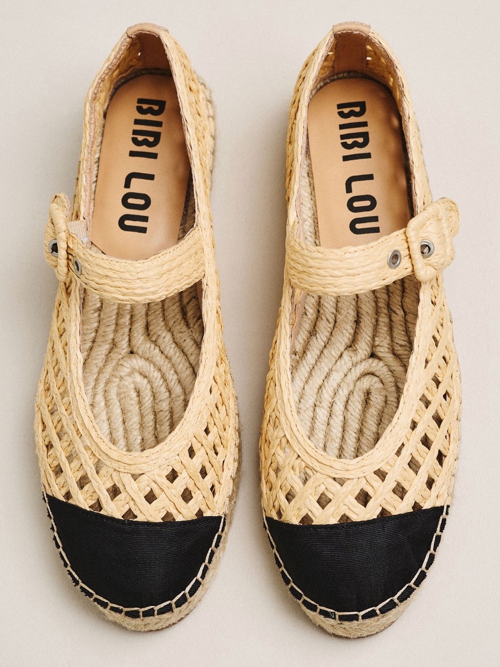 BIBI LOU Natural Woven Mary Jane Espadrille with Black Cap Toe size 37